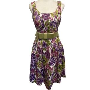 nwt Floral Fit-n-flare Dress Cotton Green Belt Pleated Skirt size 0